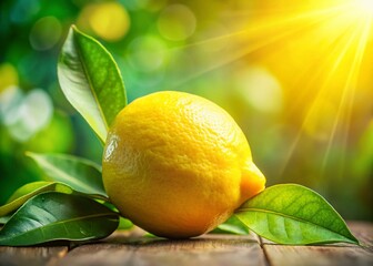 Juicy Lemon with Fresh Green Leaves - Bokeh Background Stock Photo