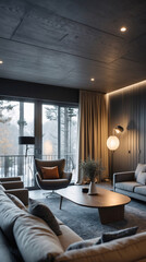 Fototapeta premium Sophisticated minimalist Scandinavian lounge with gray neutral couch modern design accents and large windows creating a serene and bright atmosphere Modern Interior Design Inspiration