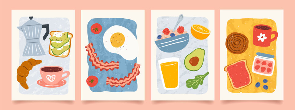Hand drawn breakfast illustrations. Abstract trendy posters with coffee, fried egg, bacon, citrus juice, avocado, tomato, toast in jam. Minimalist prints for wall decor, restaurant menu, kitchens.