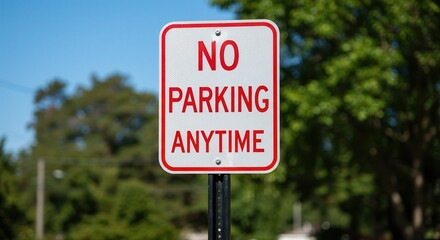 No Parking Anytime Sign on Pole with Green Trees Background