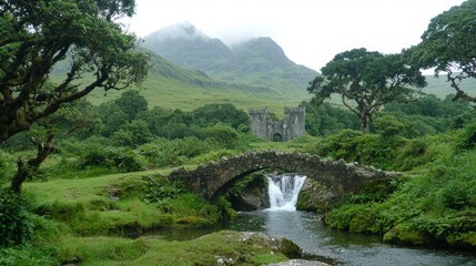 Stone Bridge Waterfall Castle Mountains Scenic Landscape Ireland