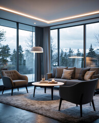 Spacious Scandinavian lounge with a neutral gray sofa minimalist design features and wide windows letting in natural light for a bright and open space Modern Interior Design Inspiration