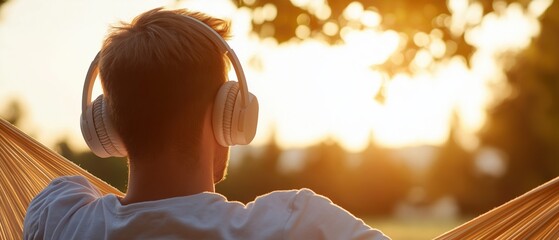Man sitting in a hammock, wearing white headphones. he is facing away from the camera, with his back towards the camera.