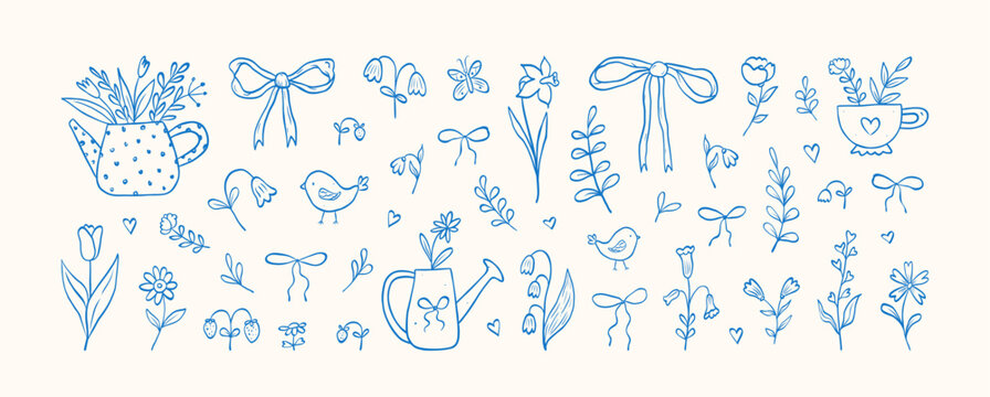 Vintage collection hand drawn spring cute elements. Minimalist sketch line art. Flowers, bows, floral decor, blossom garden, watering can, leaves and herb, bird and butterfly. Vector illustration.
