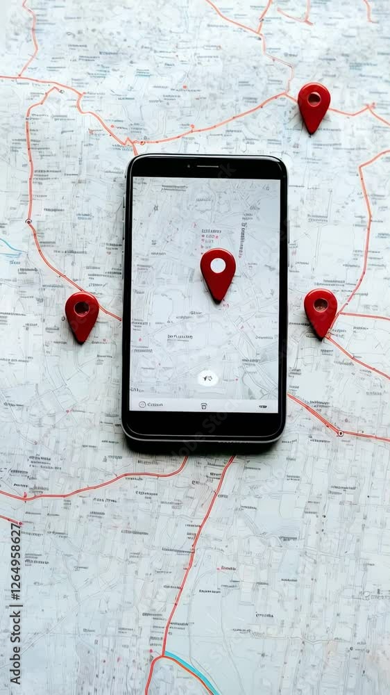 Poster Navigation app running on smartphone screen, revealing multiple red location markers traversing digital map in smooth slow motion video sequence