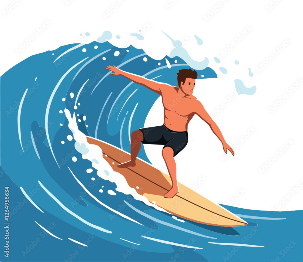 Poster surfer riding a wave in flat design style vector art