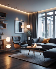 Spacious Scandinavian lounge with sleek gray sofa modern design features and wide windows allowing natural light to illuminate the room Modern Interior Design Inspiration