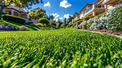 Lush Green Lawn  Residential Landscape  Sunny Day  Beautiful Gardens  Real Estate