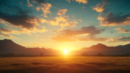 Fototapeta premium Majestic Sunset over Golden Field and Mountains