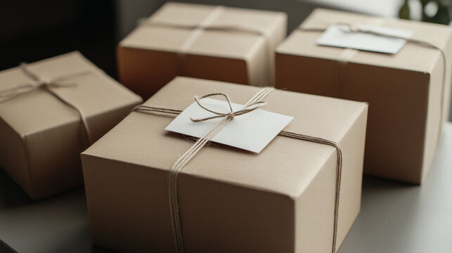 Craft boxes tied with string and tags for shipping