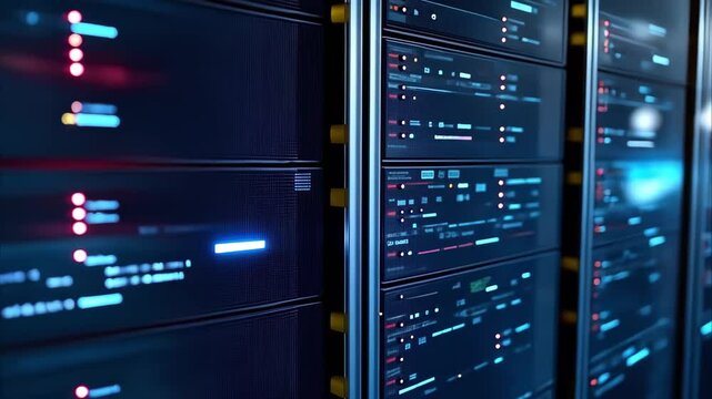A row of server racks with illuminated panels, indicating data processing and storage capabilities in a high-tech environment.