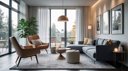 Tranquil Scandinavian lounge interior with gray neutral couch modern design and large windows letting in natural daylight and creating an open atmosphere Modern Interior Design Inspiration