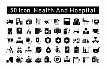 50 black and white health and hospital icons suitable for healthcare websites, apps, medical presentations, and educational materials.