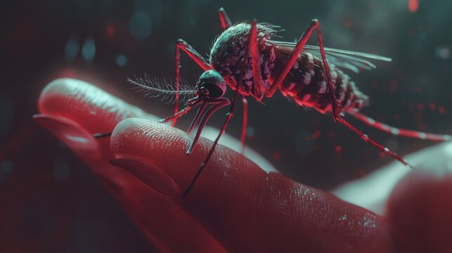 An Aedes aegypti mosquito hovering over a human hand, preparing to bite, with the Zika virus vector highlighted