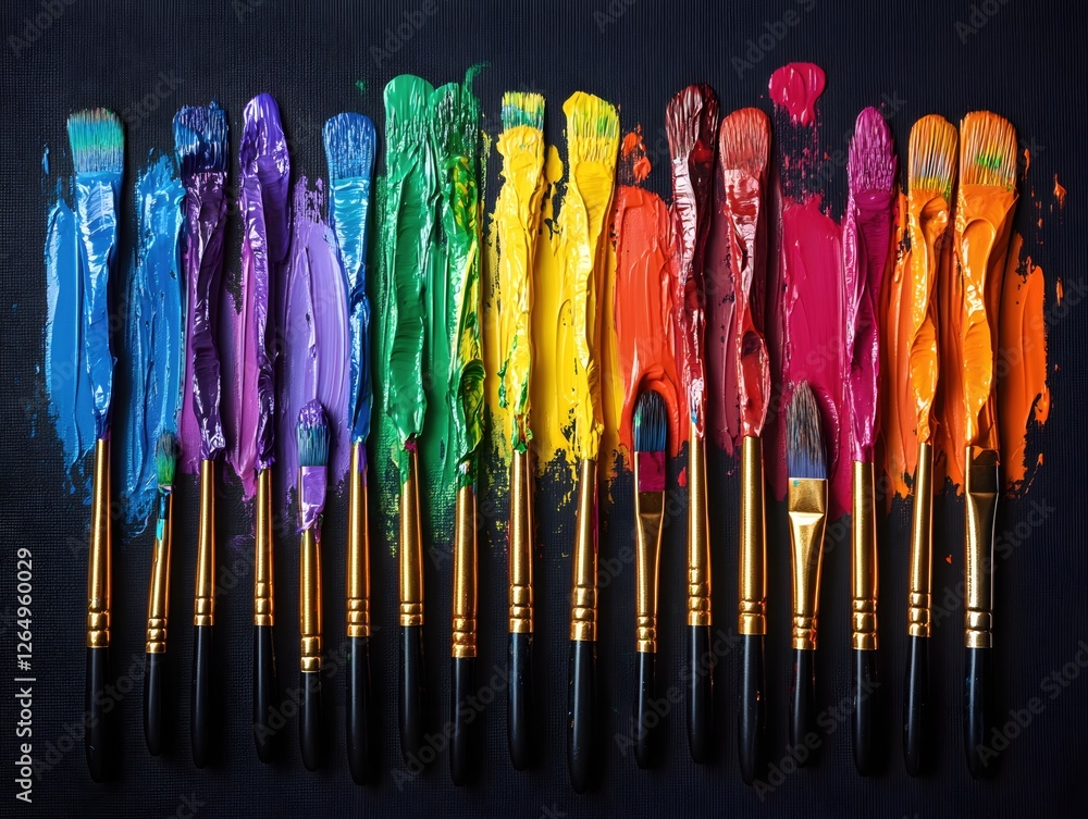 Poster creative array of paintbrushes displaying a spectrum of vibrant colors on a dark textured surface