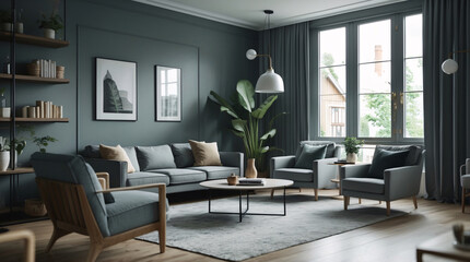 Fototapeta premium Tranquil Scandinavian lounge interior with gray neutral sofa clean modern design and wide windows allowing sunlight to fill the space with warmth Modern Interior Design Inspiration