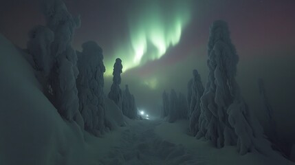 Enchanted Winter Path Underneath the Aurora Borealis