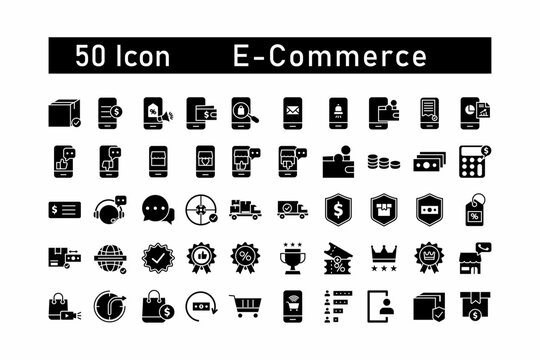 
50 black icons for ecommerce, suitable for web and digital designs, presentations, infographics, and marketing materials.
