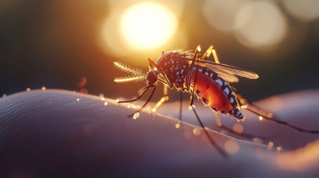 An Aedes aegypti mosquito hovering over a human hand, preparing to bite, with the Zika virus vector highlighted