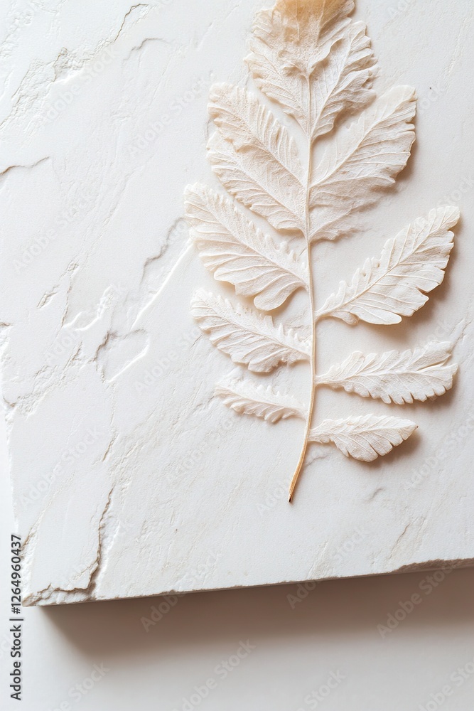 Poster delicate fossil imprints of ancient botanical elements rest on a polished marble surface. soft sunli