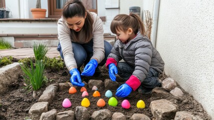 Naklejka premium A woman and a child are playing with eggs in a garden