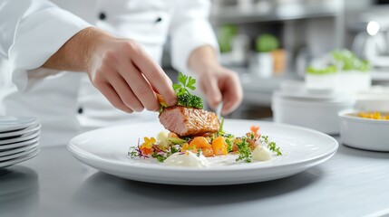 Chef garnishing salmon dish with parsley in a professional kitchen setting, focusing on culinary presentation skills.
