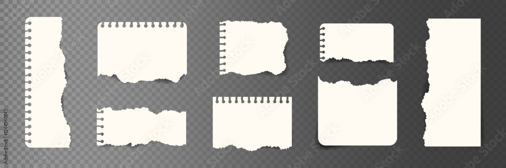 Poster vector set of torn notebook paper pieces. textured elements, handmade notes to social media graphics