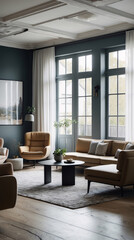 Fototapeta premium Bright and airy Scandinavian lounge featuring neutral gray couch sleek modern design and wide windows that illuminate the space with natural light Modern Interior Design Inspiration