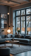 Fototapeta premium Bright and airy Scandinavian lounge featuring a neutral gray couch clean design lines and wide windows offering plenty of natural daylight Modern Interior Design Inspiration
