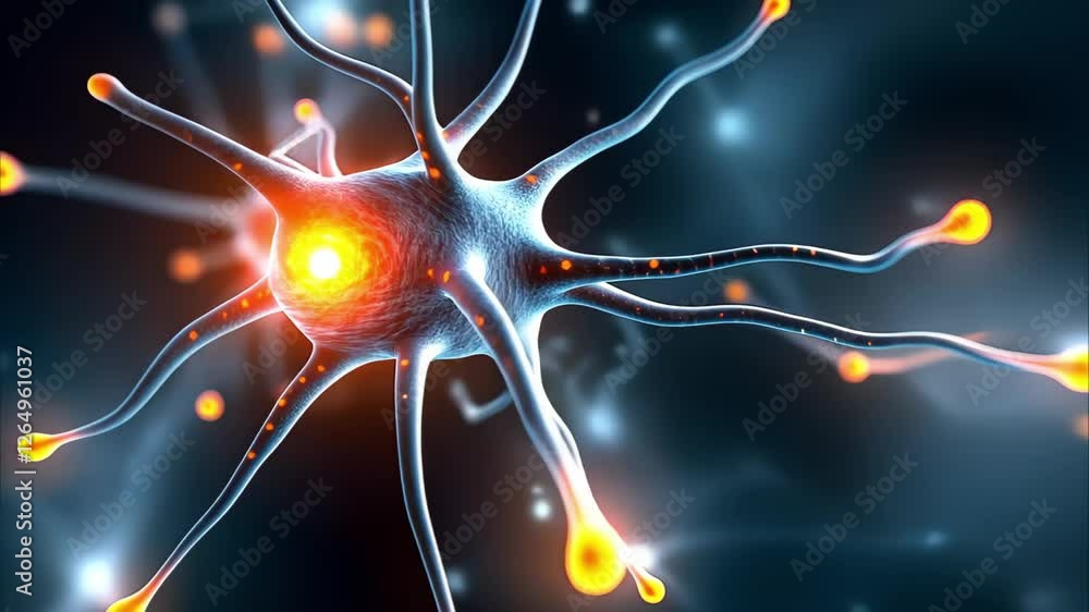 Poster a close-up view of a neuron, highlighting its structure with dendrites and synapses against a dark, 
