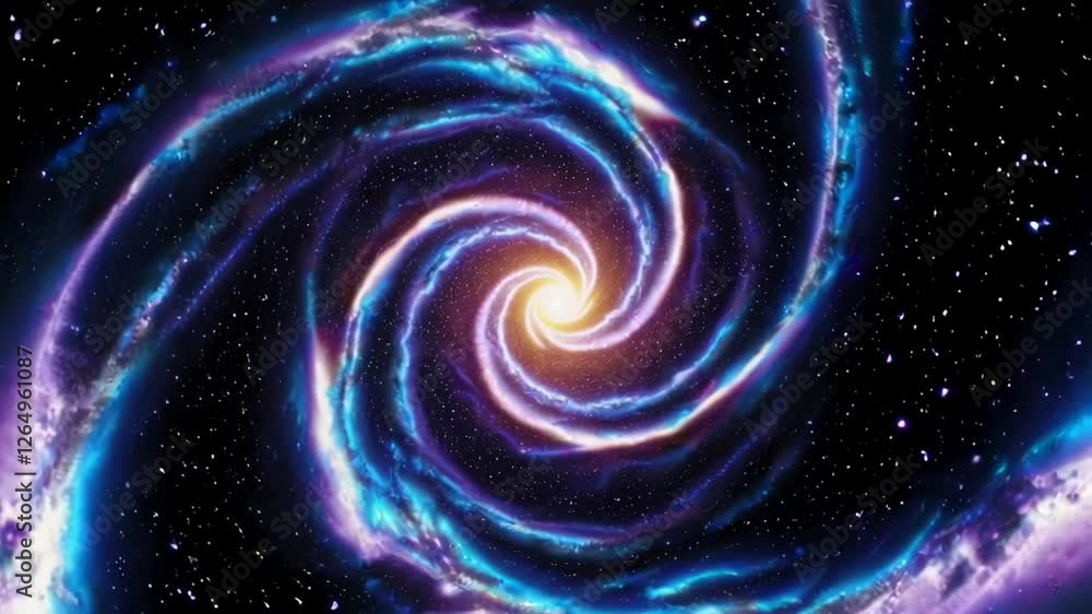 Poster slow motion animation of a majestic spiral galaxy rotating, with bright swirling clouds of gas and d