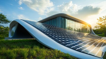 Futuristic Building with Solar Panels Emphasizing Sustainable Architectural Design