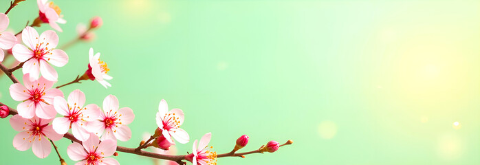 Fototapeta premium Pink sakura branch with delicate petals on the left side in the picture against a warm green sunny background. Early spring blossom panoramic background, banner, greeting with copy space on the right