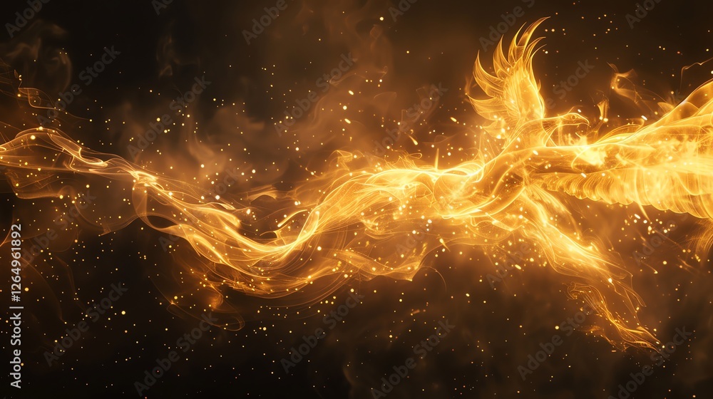 Poster abstract image of golden light streaks and sparkles on a black background, with the shape of a bird 