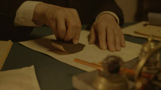 Old man puts seal of approval. Finance and mortgage planning form of notarized loan or deal concept