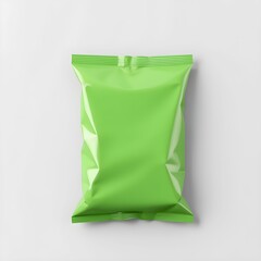 Realistic snack packaging, bright green foil bag, blank white label, product photography, studio lighting