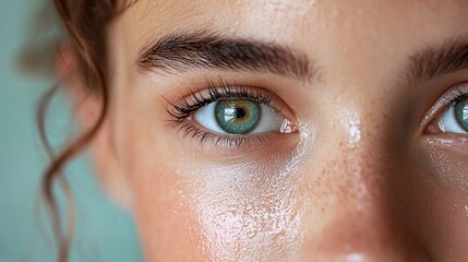 Close-up portrait of a young person with striking green eyes and natural beauty, showcasing glistening skin under soft light conditions