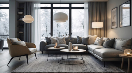 Chic Scandinavian lounge with clean lines neutral gray sofa sleek design elements and expansive windows flooding the room with natural light Modern Interior Design Inspiration