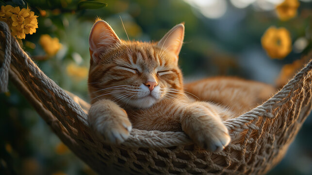 Content orange tabby cat peacefully resting in a hammock surrounded by vibrant yellow flowers on a relaxing afternoon. AI Generated Images - Powered by Adobe