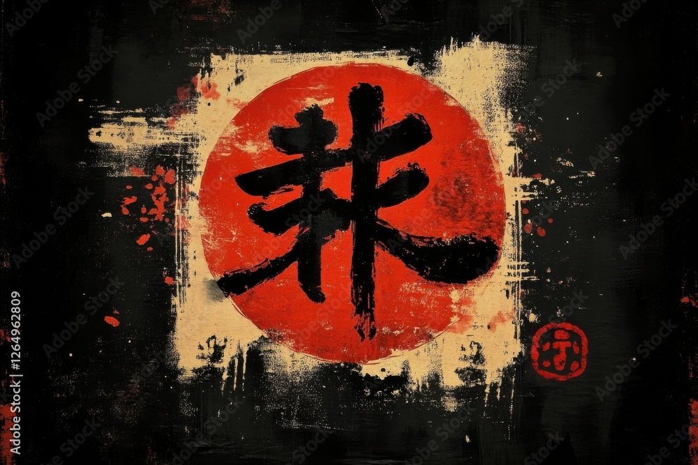 Poster abstract representation of japanese calligraphy featuring bold black character over a red circle wit
