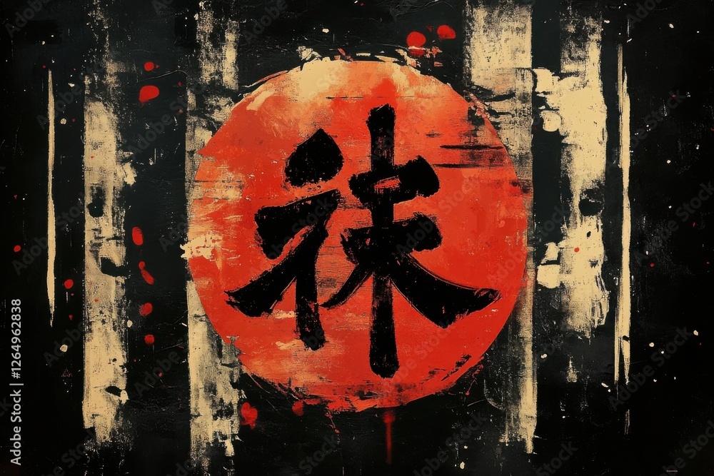 Poster abstract artwork featuring a bold red circle with prominent black characters and contrasting texture