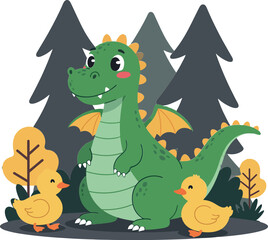 Cute green dragon with ducklings in flat vector illustration
