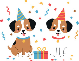 Happy playful dogs celebrating with colorful party hats vector illustration