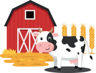  Happy cow standing beside a red barn in flat vector art © Mustafa