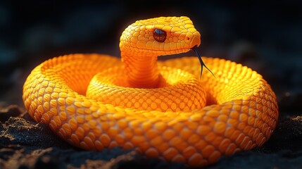 Fototapeta premium Golden snake coiled, dark background, wildlife