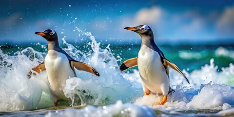 Fototapeta premium Gentoo Penguins Emerging from Ocean Waves - High Definition