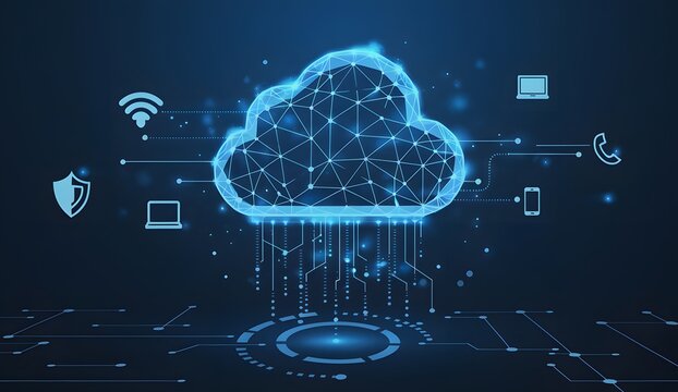 Abstract Cloud Computing Network Digital Technology Data Global Internet Secure Server Connection System Modern Futuristic Blue Polygonal Design Graphic Illustration Web Online Future Mobile Storage  