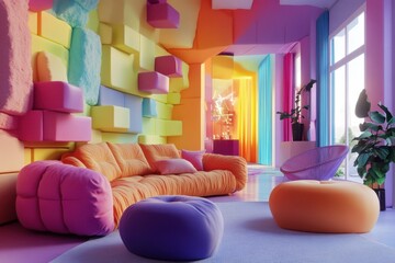 A colorful room with a blue couch and a red chair
