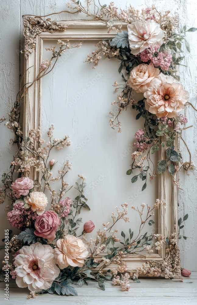 Poster elegant floral frame adorned with pastel roses and greenery set against a textured background in a s