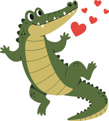 Naklejka premium Playful crocodile character design in flat style expressing love with hearts vector art